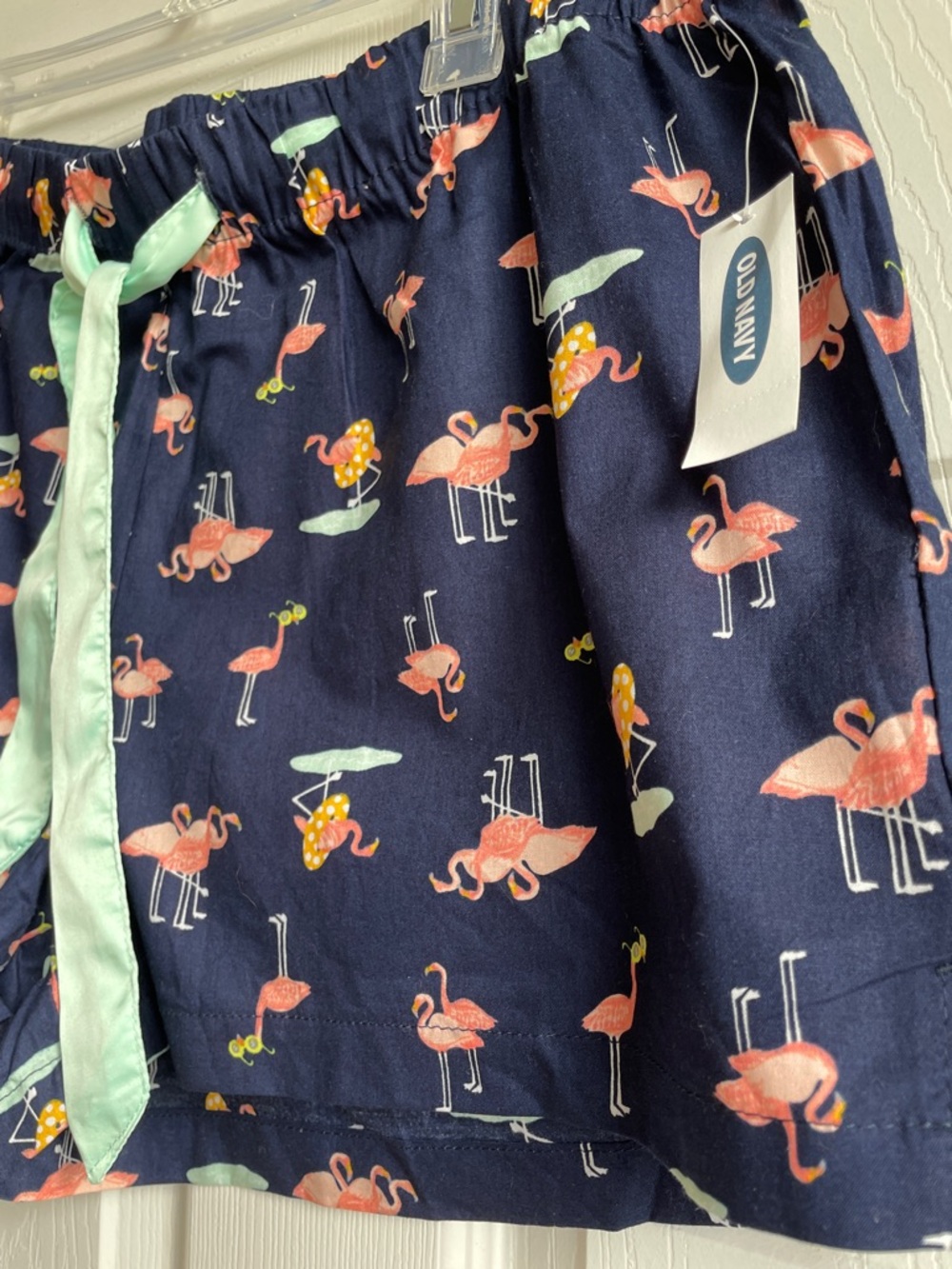 NWT Old Navy Navy Shorts with Pink Flamingo and Mint LDrawstring - Picture 3 of 3